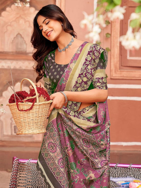 Vasthrlay Womens Printed Unstitched Purple Saree