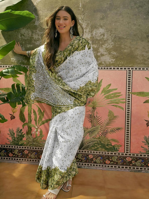 Vasthrlay Womens Printed Unstitched Beige Saree