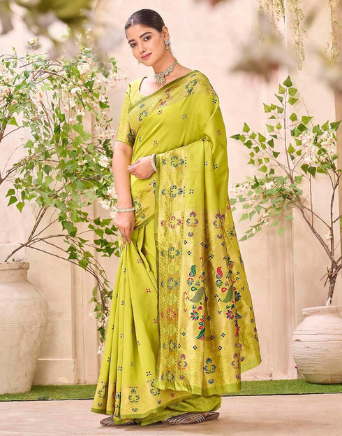 Vasthrlay Weaving Paithani Lime Green | Gold Saree With Unstitched Blouse Piece