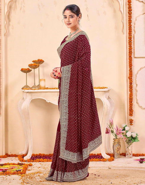 Vasthrlay Womens Embroidered Unstitched Maroon Saree