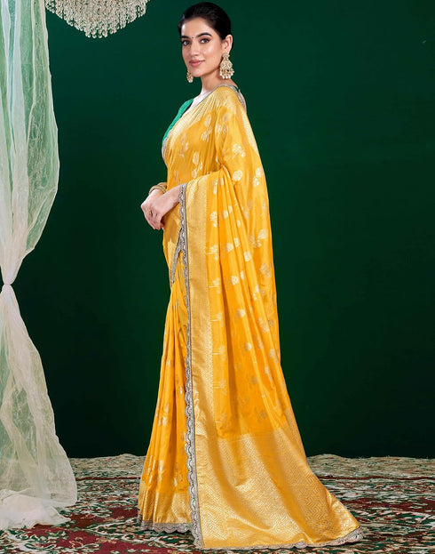 Vasthrlay Banarasi Jacquard Yellow Saree With Dark Green Unstitched Blouse Piece