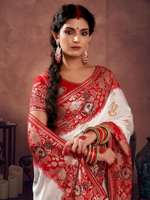 Vasthrlay Pedding Jacquard Unstitched White Saree