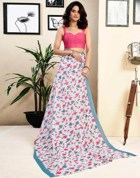 Vasthrlay Womens Printed Unstitched White Saree