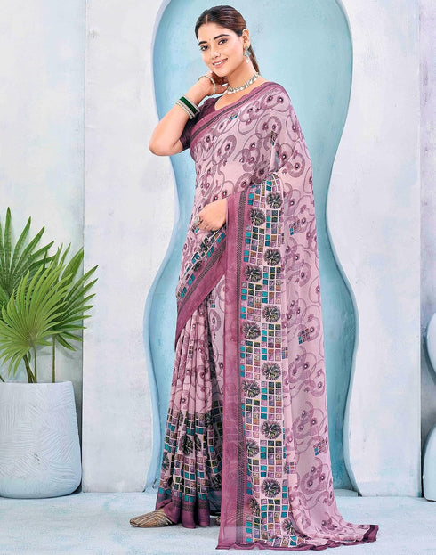 Vasthrlay Georgette Bandhani Mauve Saree With Unstitched Blouse Piece