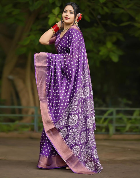 Vasthrlay Womens Printed Purple Saree With Unstitched Blouse Piece