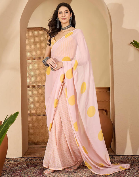 Vasthrlay Georgette Printed Pink Saree With Unstitched Blouse Piece