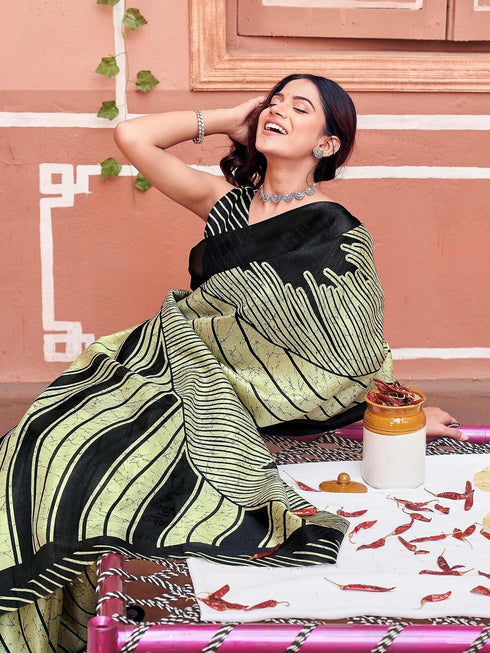 Vasthrlay Womens Printed Pista Green Saree With Black Unstitched Blouse Piece