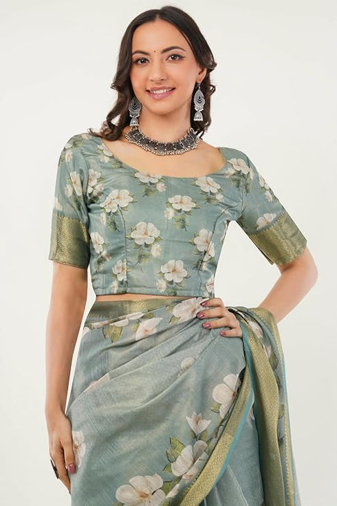 Vasthrlay Sea Green Textured Polyester Saree With Kalamkari Floral Border And Ruched Unstitched Blouse Piece