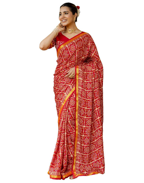 Vasthrlay Bandhani Printed Unstitched Red Saree