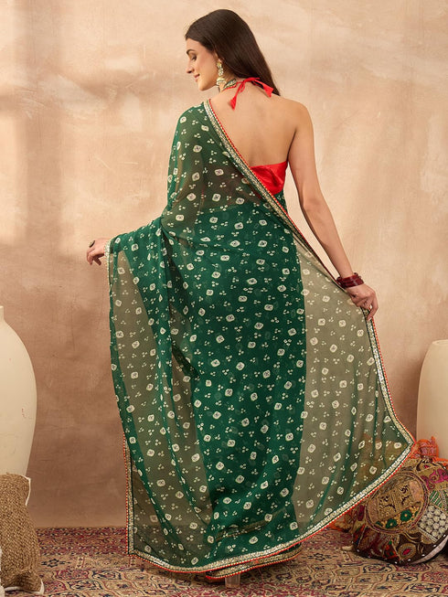 Vasthrlay Vasthrlaywomensgreengeorgettebandhaniprintembroideredlaceworksareewithunstitchedblousepiece Sareeforwoman Designersareeforwomen Tr Ethnic Wear