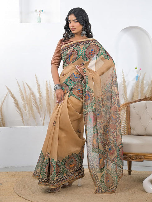 Vasthrlay Bandhani Embroidery Light Brown Saree With Brown Unstitched Blouse Piece