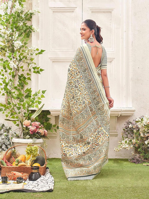 Vasthrlay Womens Abstract Unstitched Off White Saree