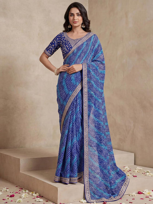 Vasthrlay Georgette Embroidery Blue Saree With Unstitched Blouse Piece