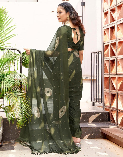 Vasthrlay Chiffon Bandhani Unstitched Olive Green Saree
