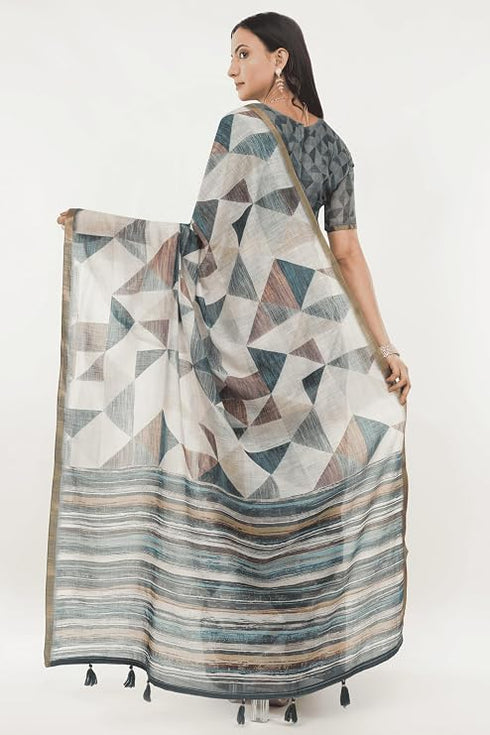Vasthrlay Off White4 Rose Botanical Printed Linen Saree With Self Woven Border And Unstitched Blouse Piece