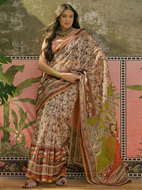 Vasthrlay Womens Printed Unstitched Beige Saree