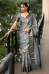 Vasthrlay Grey Slate Abstract Floral Polyester Saree With Zari Border And Ruched Unstitched Blouse Piece