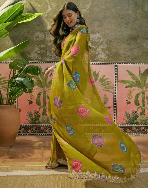 Vasthrlay Scalloped Embroidery Unstitched Lime Green Saree