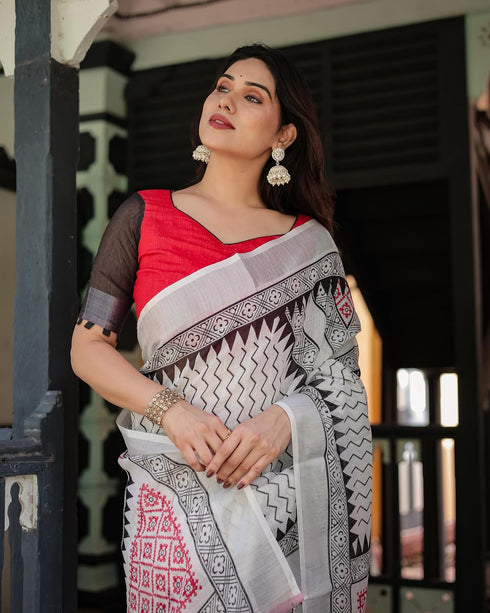 Vasthrlay Handwoven Printed Tasselled Saree