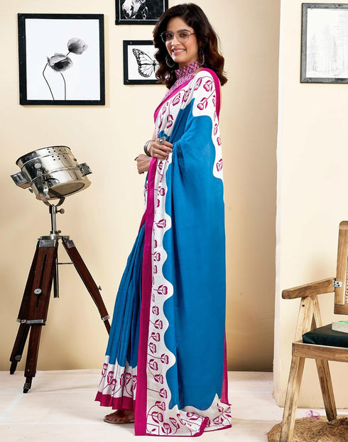 Vasthrlay Womens Printed Unstitched White Saree