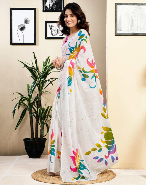 Vasthrlay Womens Printed Unstitched White Saree