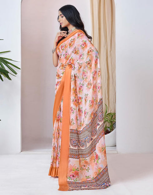 Vasthrlay Georgette Printed Orange Saree With Unstitched Blouse Piece