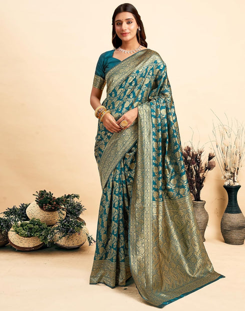 Vasthrlay Womens Banarasi Unstitched Olive Green Saree