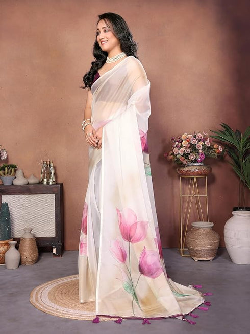 Vasthrlay Off White1 Leaf Print Organza Saree With Mustard Piping And Ruched Sleeveless Unstitched Blouse Piece