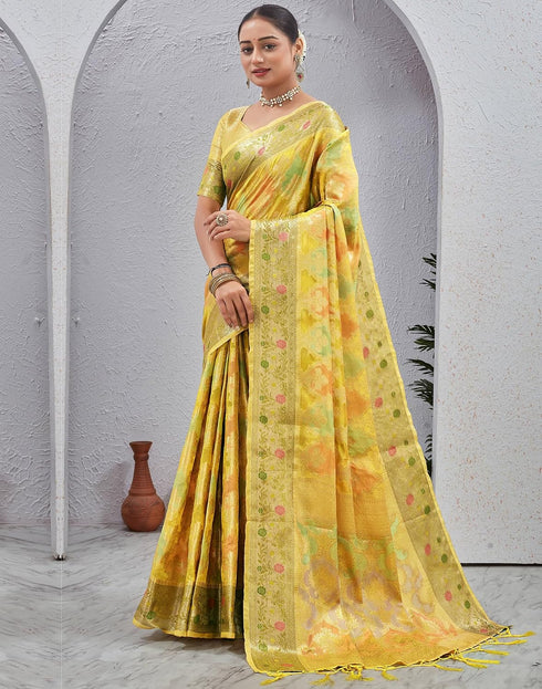 Vasthrlay Banarasi Jacquard Yellow Saree With Unstitched Blouse Piece