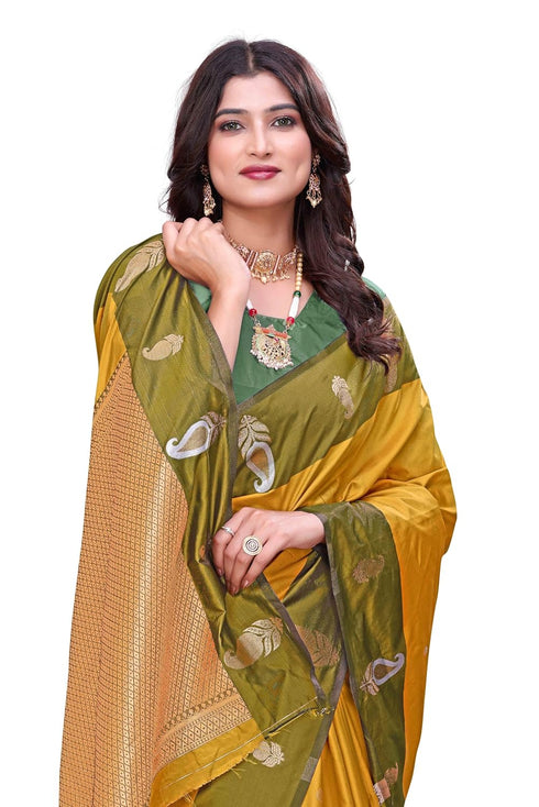 Vasthrlay Banarasi Saree Pure Kanjivaram Silk Pattu Yellow Saree With Blouse Piece