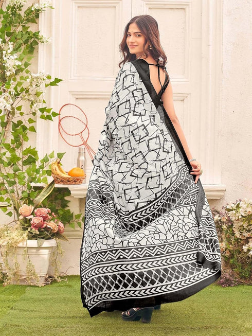 Vasthrlay Womens Abstract Unstitched Off White Saree