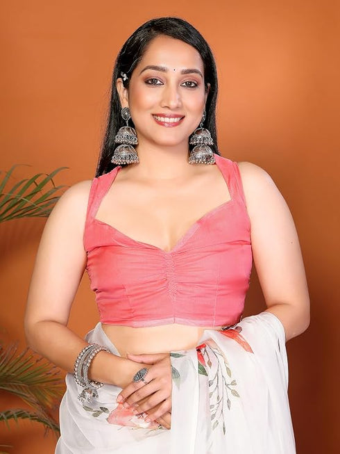 Vasthrlay White Leaf Print Organza Saree With Mustard Piping And Ruched Sleeveless Unstitched Blouse Piece