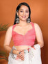 Vasthrlay White Leaf Print Organza Saree With Mustard Piping And Ruched Sleeveless Unstitched Blouse Piece