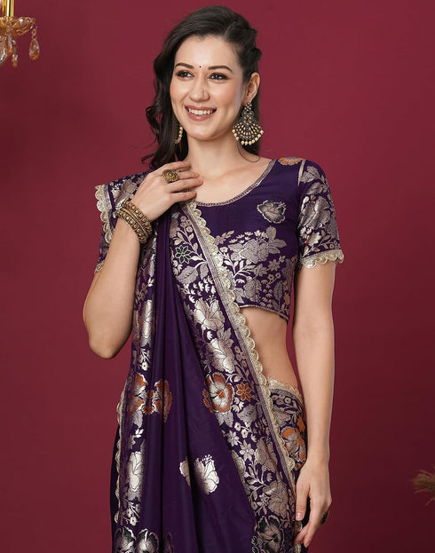 Vasthrlay Kanjivaram Banarasi Dark Purple | Golden Border Saree With Unstitched Blouse Piece