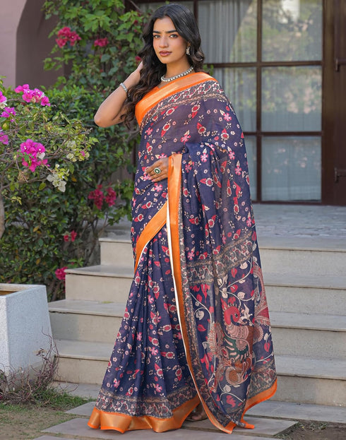 Vasthrlay Womens Printed Unstitched Dark Green Saree