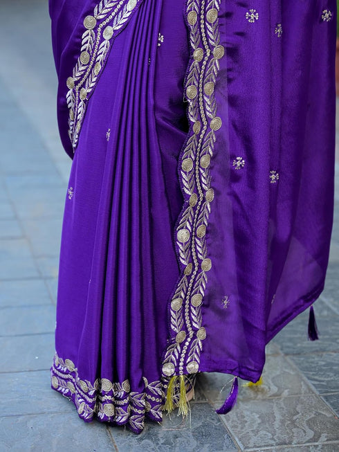 Vasthrlay Chinnon Embroidery Lime Saree