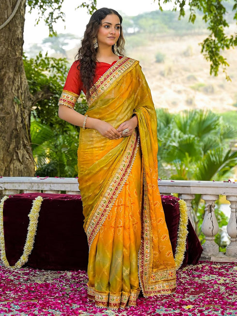 Vasthrlay Bandhani Embroidery Red Saree