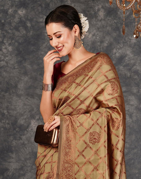 Vasthrlay Banarasi Kanjeevaram Unstitched Beige Saree