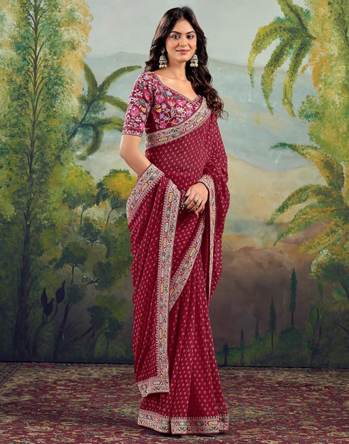 Vasthrlay Embroidery Traditional Dark Red Saree With Unstitched Blouse Piece