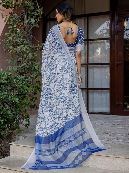 Vasthrlay Womens Printed Blue Saree With Blue Unstitched Blouse Piece