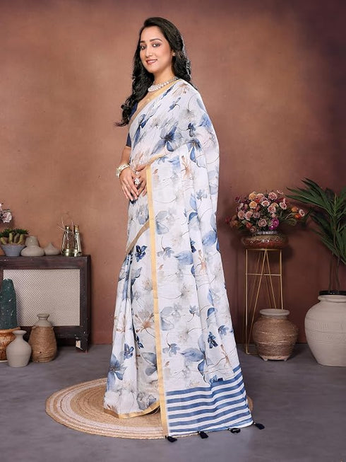 Vasthrlay White1 Floral Printed Design Linen Saree With Solid Unstitched Linen Blouse Piece