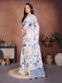 Vasthrlay White1 Floral Printed Design Linen Saree With Solid Unstitched Linen Blouse Piece