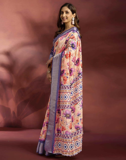 Vasthrlay Womens Printed Unstitched Navy Blue Saree