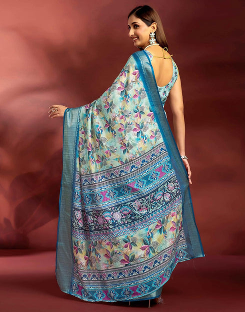 Vasthrlay Printed Jacquard Rama Blue Saree With Unstitched Blouse Piece