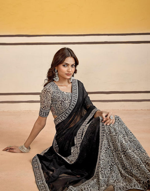 Vasthrlay Georgette Embroidery Unstitched Maroon Saree