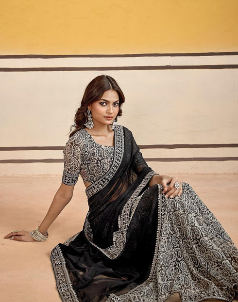 Vasthrlay Georgette Embroidery Black Saree With White Unstitched Blouse Piece
