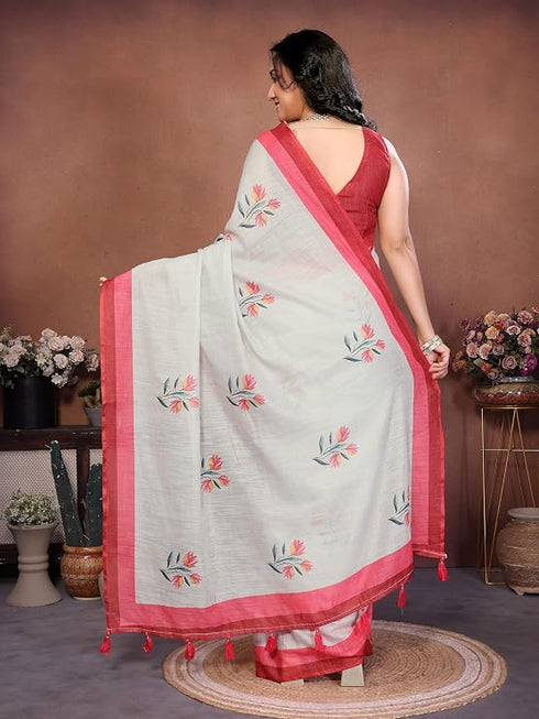 Vasthrlay Off White Linen Floral | Striped | Check Design Printed Saree With Solid Unstitched Linen Blouse Piece