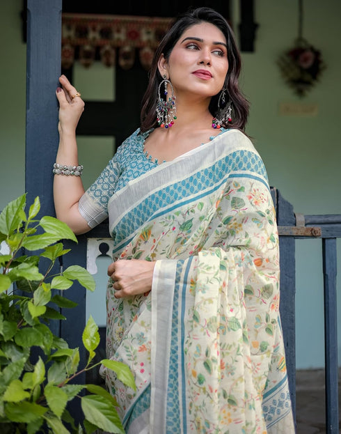 Vasthrlay Womens Printed Unstitched Light Green Saree