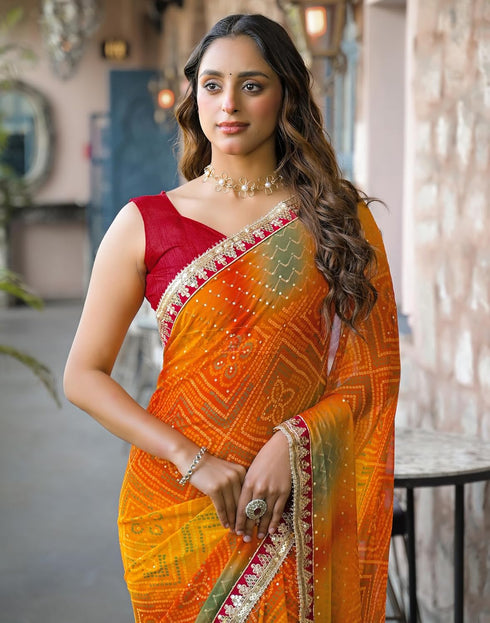 Vasthrlay Bandhani Embroidery Unstitched Yellow Saree