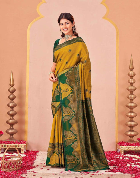 Vasthrlay Kanjivaram Jacquard Unstitched Mustard Saree